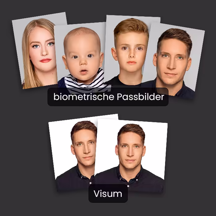 Beispiele biometrischer Passbilder und Visumbilder für Babys, Kinder und Erwachsene